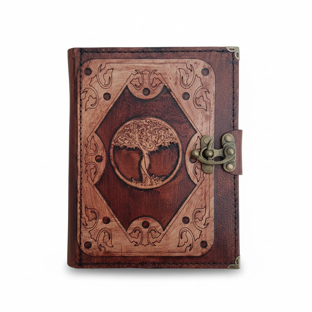 Genuine Sheepskin Leather Journal, Blank Chamois Paper | Layered Frame | Leather Overlay | Tree Of Life 1 Engraved