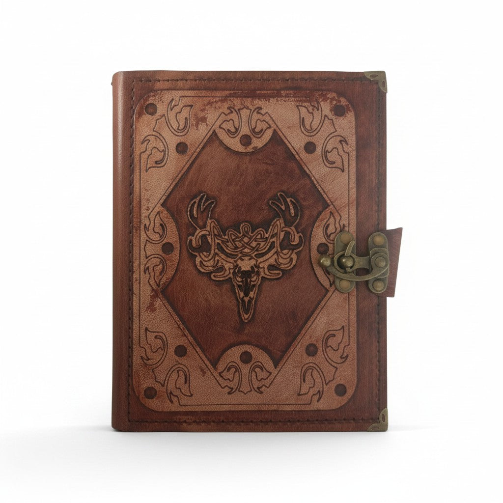 Genuine Sheepskin Leather Journal, Blank Chamois Paper | Layered Frame | Leather Overlay | Deer Engraved
