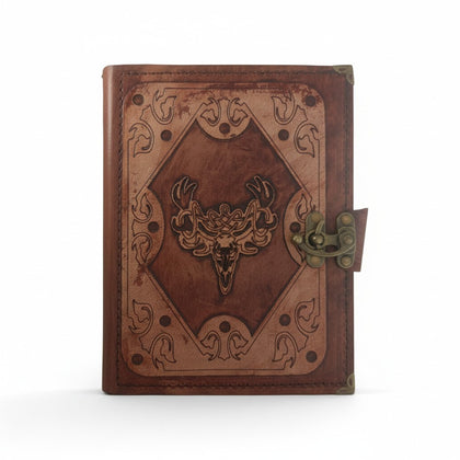 Genuine Sheepskin Leather Journal, Blank Chamois Paper | Layered Frame | Leather Overlay | Deer Engraved