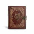 Genuine Sheepskin Leather Journal, Blank Chamois Paper | Layered Frame | Leather Overlay | Wolf Head Engraved