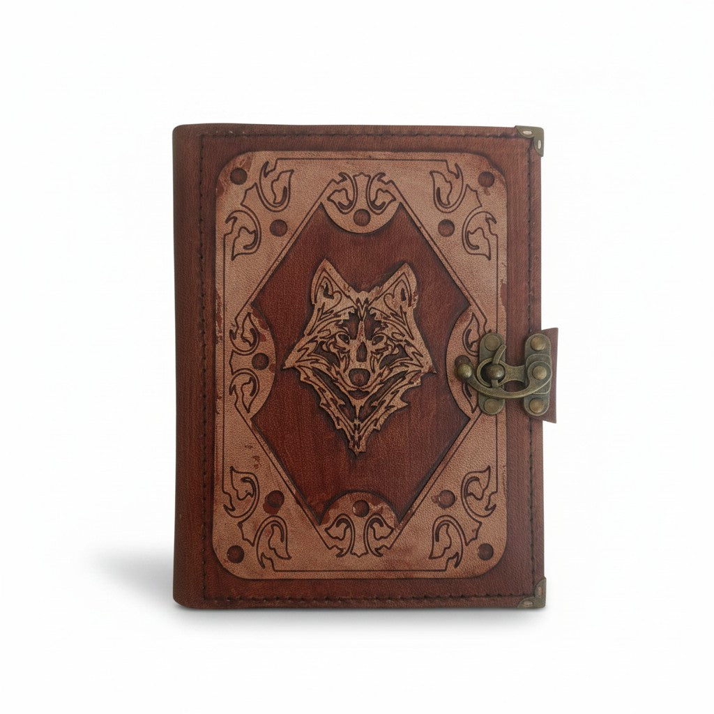 Genuine Sheepskin Leather Journal, Blank Chamois Paper | Layered Frame | Leather Overlay | Wolf Head Engraved