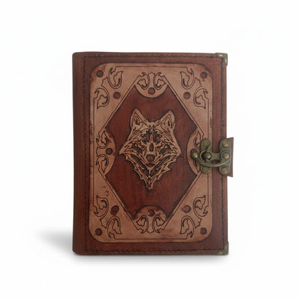 Genuine Sheepskin Leather Journal, Blank Chamois Paper | Layered Frame | Leather Overlay | Wolf Head Engraved