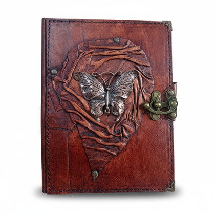 Genuine Sheepskin Leather Journal, Blank Chamois Paper | Up Wrinkled | Antique Metal Motif | Vintage Butterfly