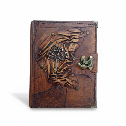 Genuine Sheepskin Leather Journal, Blank Chamois Paper | Up Wrinkled | Antique Metal Motif | Floral Tree of Life