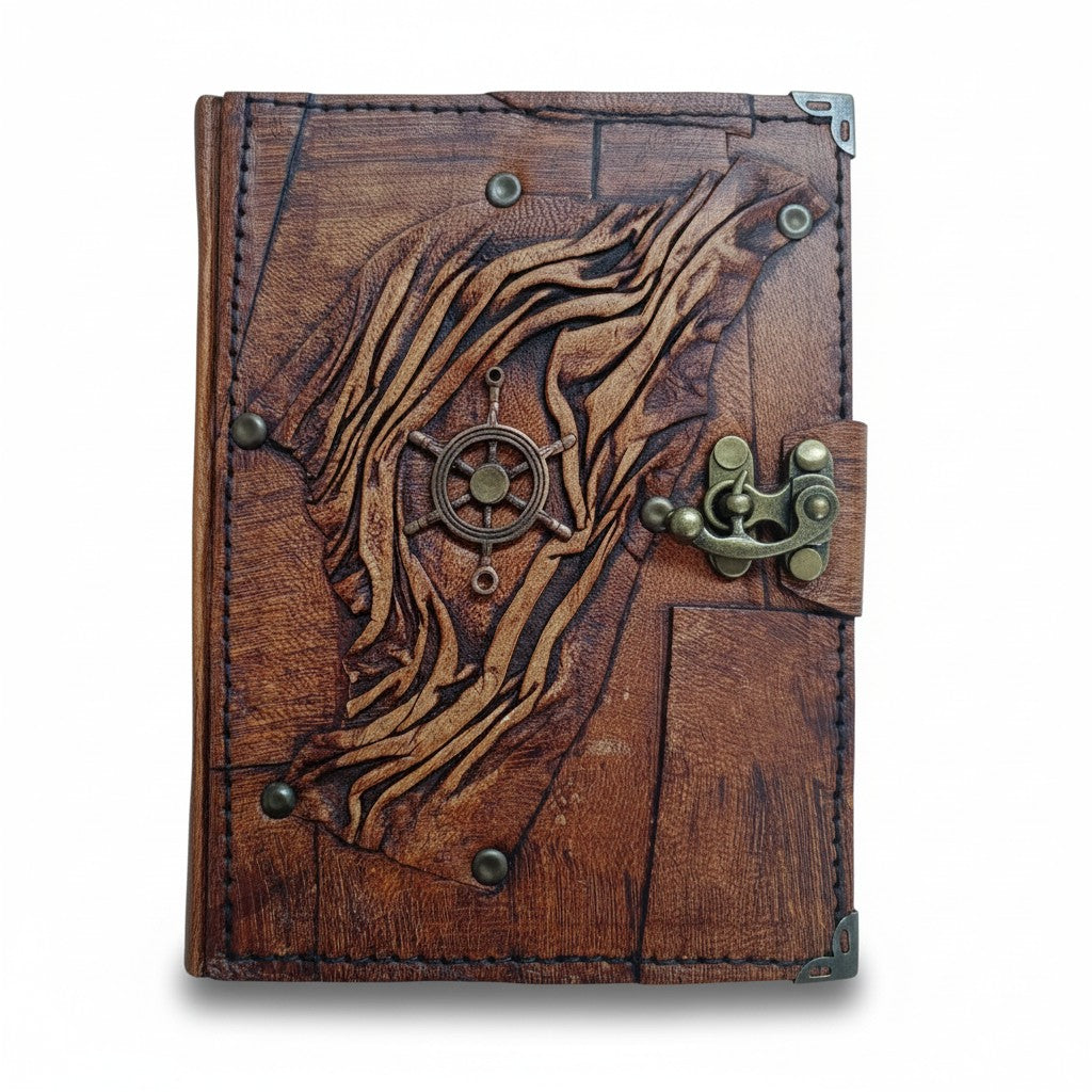 Genuine Sheepskin Leather Journal, Blank Chamois Paper | Up Wrinkled | Antique Metal Motif | Nautical Ship Wheel