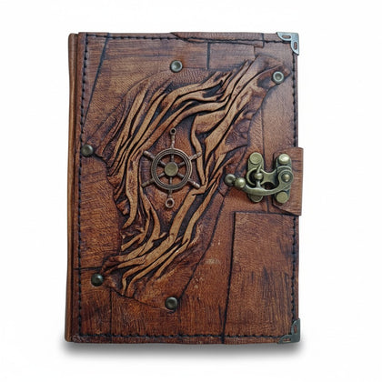 Genuine Sheepskin Leather Journal, Blank Chamois Paper | Up Wrinkled | Antique Metal Motif | Nautical Ship Wheel
