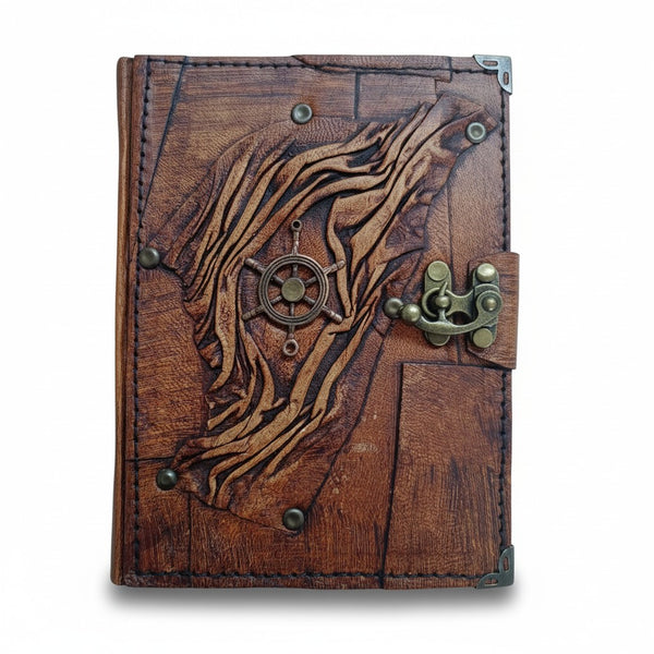 Genuine Sheepskin Leather Journal, Blank Chamois Paper | Up Wrinkled | Antique Metal Motif | Nautical Ship Wheel