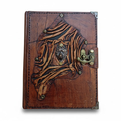 Genuine Sheepskin Leather Journal, Blank Chamois Paper | Up Wrinkled | Antique Metal Motif | Wolf Head