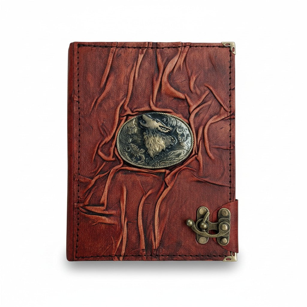 Genuine Sheepskin Leather Journal, Blank Chamois Paper | Full Wrinkled | Antique Resin Motif | Wolf Head