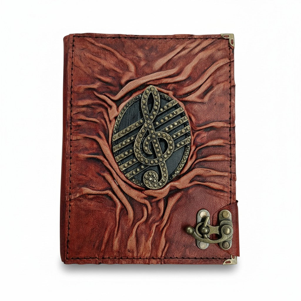 Genuine Sheepskin Leather Journal, Blank Chamois Paper | Full Wrinkled | Antique Resin Motif | Treble Clef