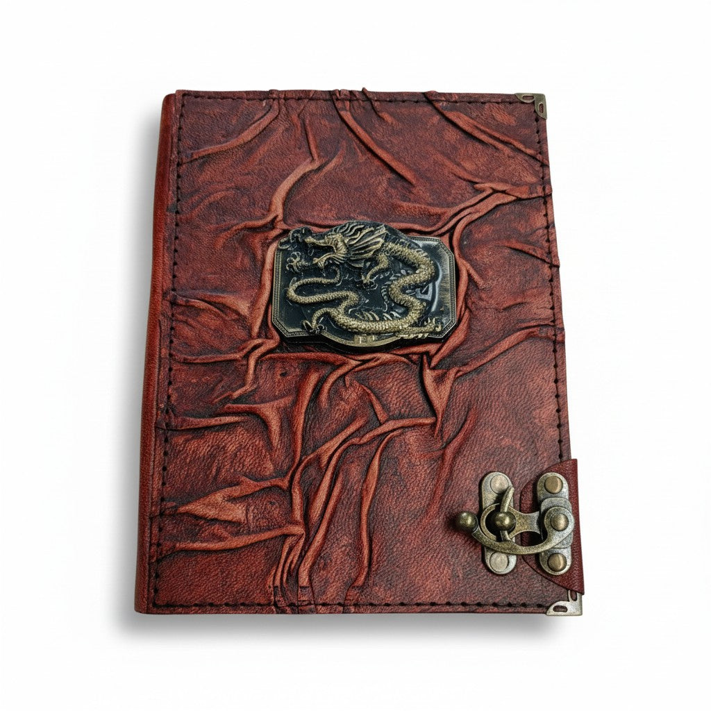 Genuine Sheepskin Leather Journal, Blank Chamois Paper | Full Wrinkled | Antique Resin Motif | Hexagonal Dragon