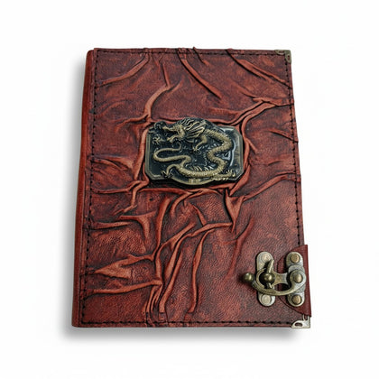 Genuine Sheepskin Leather Journal, Blank Chamois Paper | Full Wrinkled | Antique Resin Motif | Hexagonal Dragon