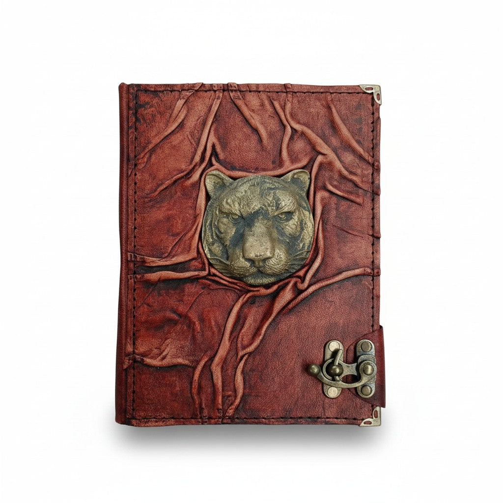 Genuine Sheepskin Leather Journal, Blank Chamois Paper | Full Wrinkled | Antique Resin Motif | Tiger Head