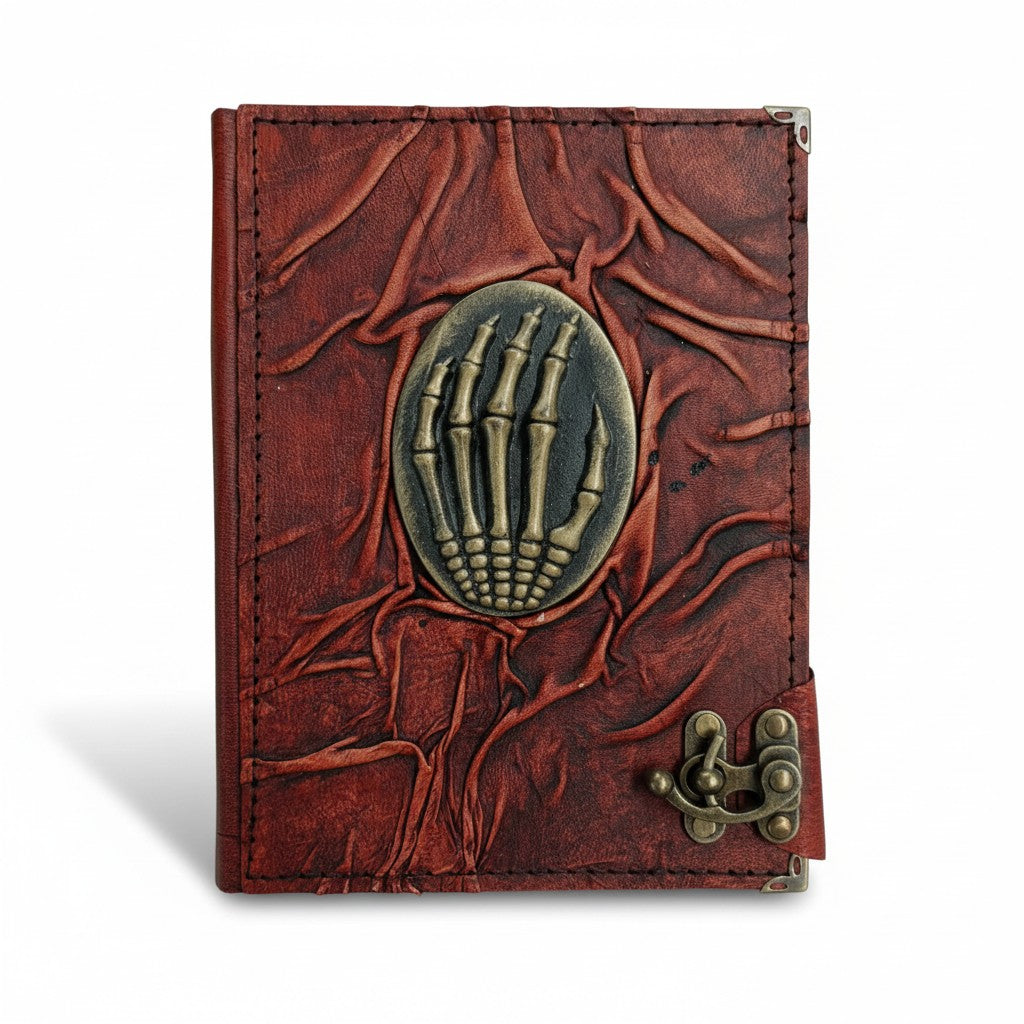 Genuine Sheepskin Leather Journal, Blank Chamois Paper | Full Wrinkled | Antique Resin Motif | Skeleton Hand