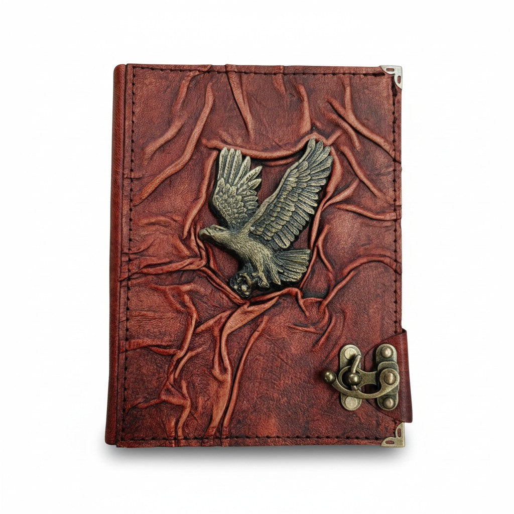 Genuine Sheepskin Leather Journal, Blank Chamois Paper | Full Wrinkled | Antique Resin Motif | Flying Eagle