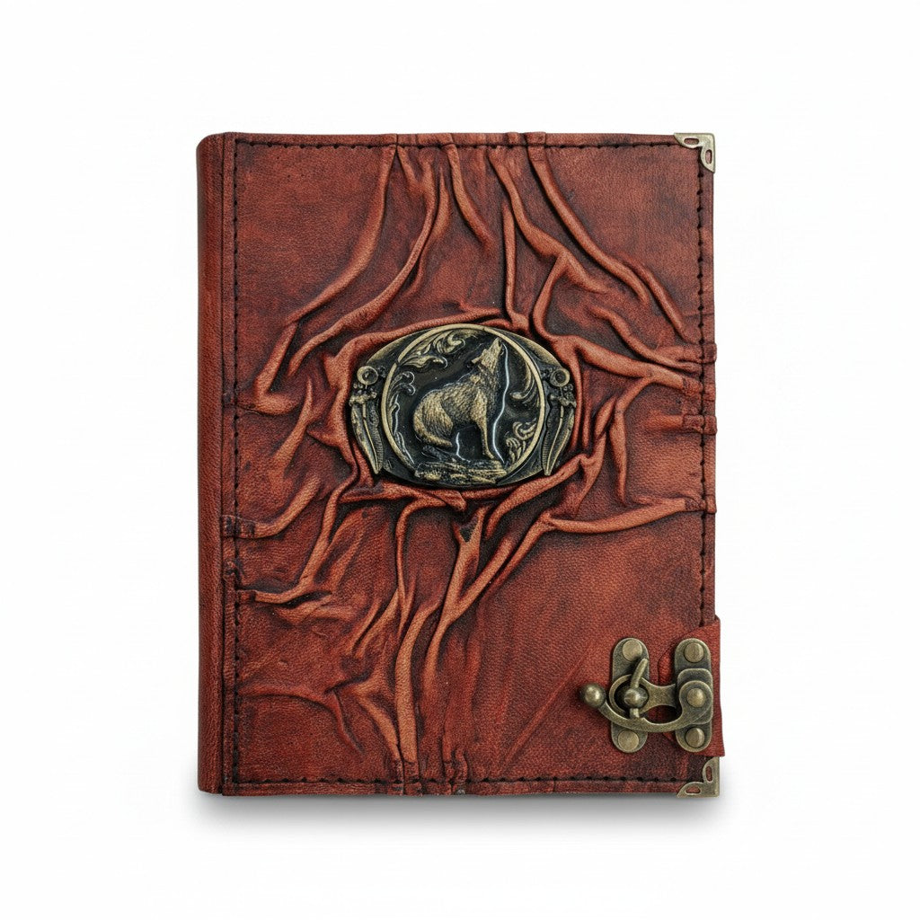 Genuine Sheepskin Leather Journal, Blank Chamois Paper | Full Wrinkled | Antique Resin Motif | Howling Wolf