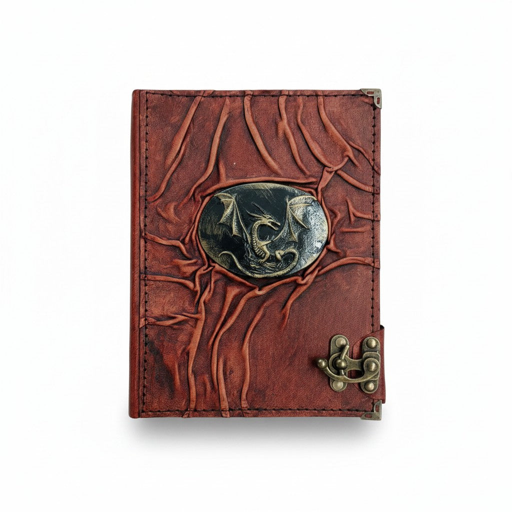 Genuine Sheepskin Leather Journal, Blank Chamois Paper | Full Wrinkled | Antique Resin Motif | Oval Winged Dragon