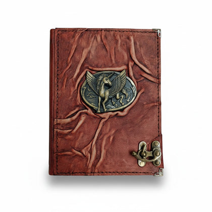 Genuine Sheepskin Leather Journal, Blank Chamois Paper | Full Wrinkled | Antique Resin Motif | Pegasus Winged Horse