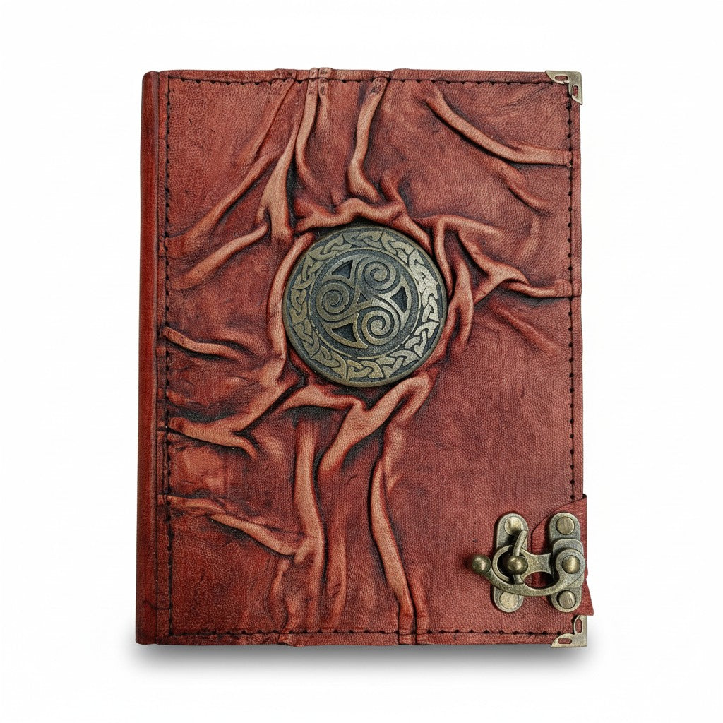 Genuine Sheepskin Leather Journal, Blank Chamois Paper | Full Wrinkled | Antique Resin Motif | Celtic Triskelion Shield