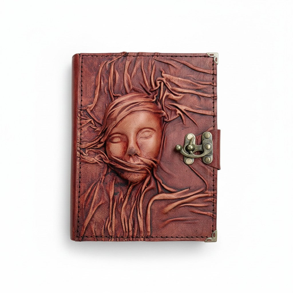 Genuine Sheepskin Leather Journal, Blank Chamois Paper | 3D Sculpted & Wrinkled | Antique Resin | Masquerade Mask