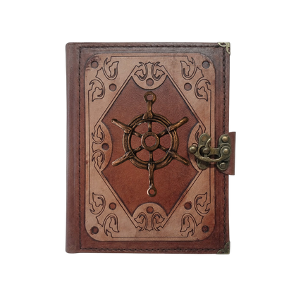 Genuine Sheepskin Leather Journal, Blank Chamois Paper | Layered Frame | Antique Metal Motif | Nautical Ship Wheel