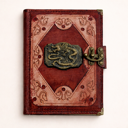 Genuine Sheepskin Leather Journal, Blank Chamois Paper | Layered Frame | Antique Resin Motif | Hexagonal Dragon
