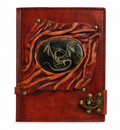 Journal en cuir de mouton véritable, papier chamois vierge | Froissé | Motif en résine antique | Dragon ailé ovale