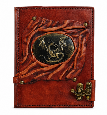 Genuine Sheepskin Leather Journal, Blank Chamois Paper | Up Wrinkled | Antique Resin Motif | Oval Winged Dragon