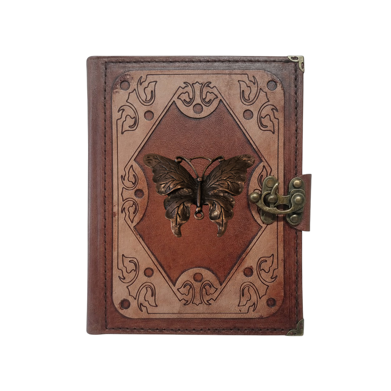 Genuine Sheepskin Leather Journal, Blank Chamois Paper | Layered Frame | Antique Metal Motif | Vintage Butterfly