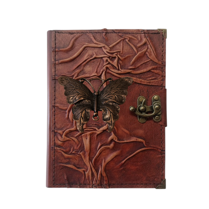 Genuine Sheepskin Leather Journal, Blank Chamois Paper | Full Wrinkled | Antique Metal Motif | Vintage Butterfly