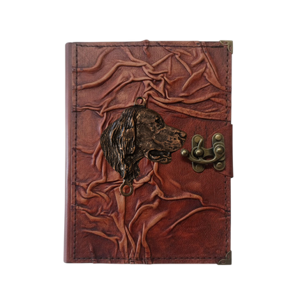 Genuine Sheepskin Leather Journal, Blank Chamois Paper | Full Wrinkled | Antique Metal Motif | Dog Head