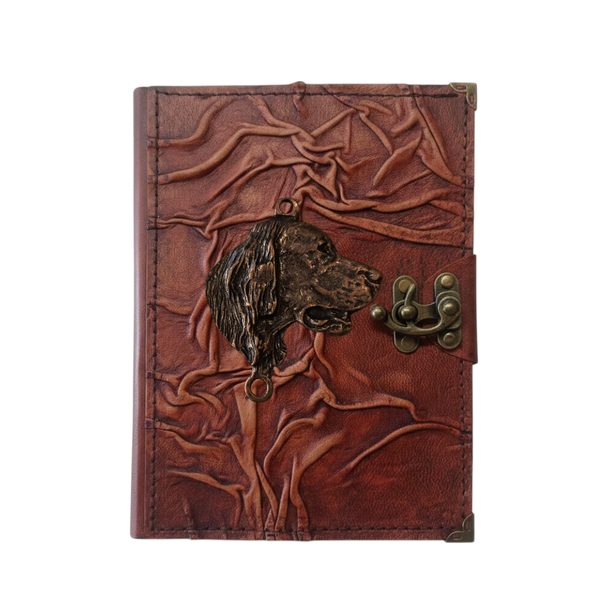 Genuine Sheepskin Leather Journal, Blank Chamois Paper | Full Wrinkled | Antique Metal Motif | Dog Head