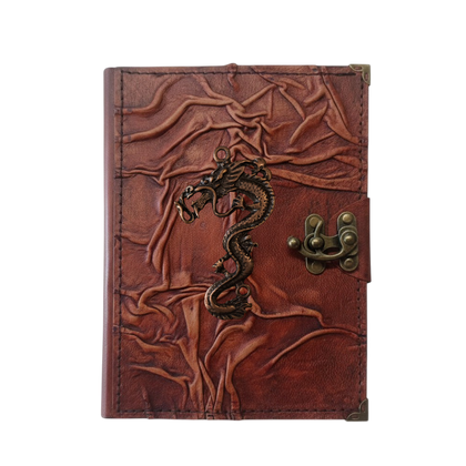 Genuine Sheepskin Leather Journal, Blank Chamois Paper | Full Wrinkled | Antique Metal Motif | Asian Serpent Dragon