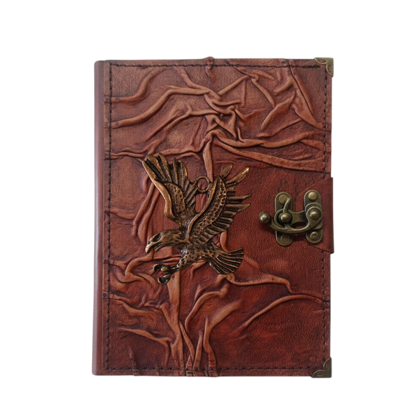 Genuine Sheepskin Leather Journal, Blank Chamois Paper | Full Wrinkled | Antique Metal Motif | Flying Eagle
