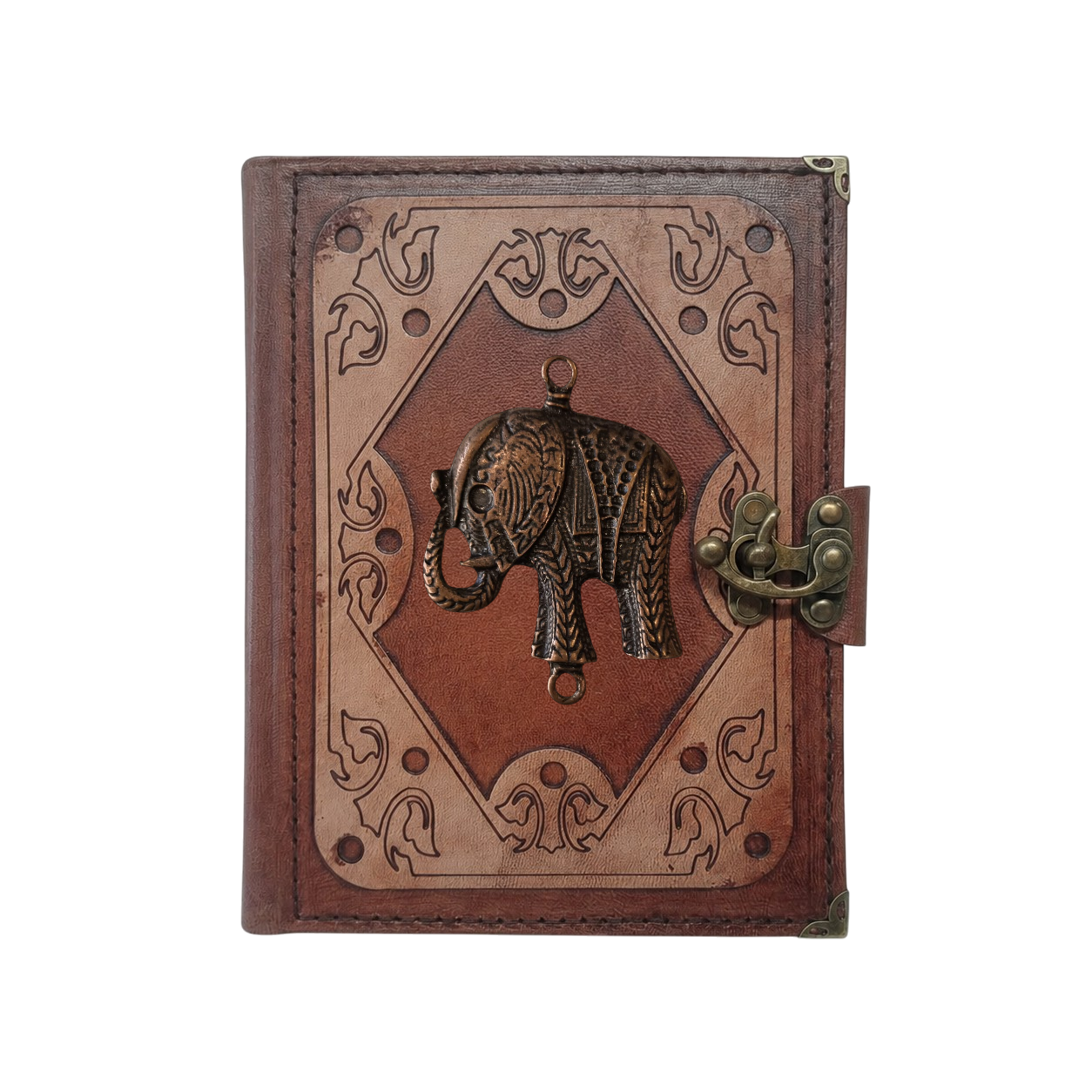 Genuine Sheepskin Leather Journal, Blank Chamois Paper | Layered Frame | Antique Metal Motif | Elephant