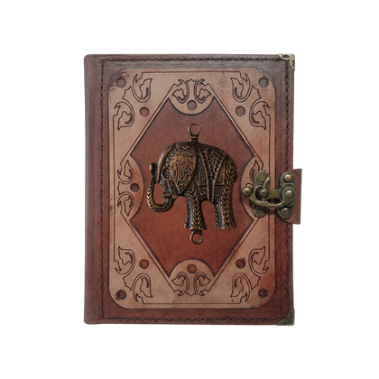 Genuine Sheepskin Leather Journal, Blank Chamois Paper | Layered Frame | Antique Metal Motif | Elephant