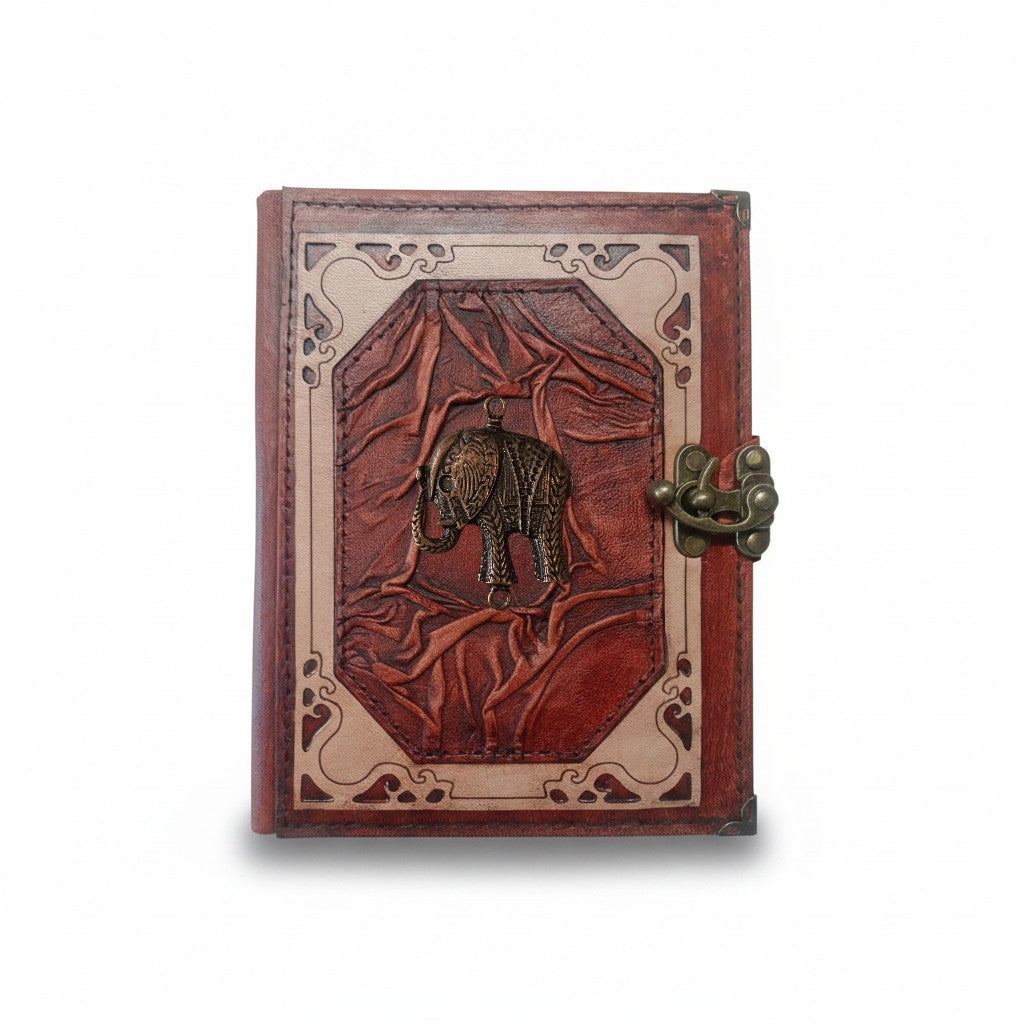 Genuine Sheepskin Leather Journal, Blank Chamois Paper | Wrinkled Classic Frame | Antique Metal Motif | Elephant