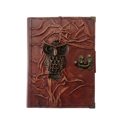 Genuine Sheepskin Leather Journal, Blank Chamois Paper | Full Wrinkled | Antique Metal Motif | Wise Owl