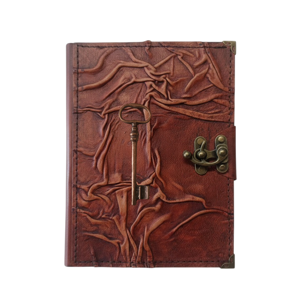 Genuine Sheepskin Leather Journal, Blank Chamois Paper | Full Wrinkled | Antique Metal Motif | Vintage Skeleton Key