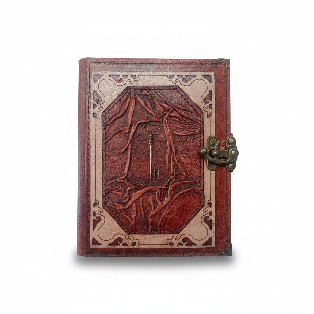 Genuine Sheepskin Leather Journal, Blank Chamois Paper | Wrinkled Classic Frame | Antique Metal Motif | Vintage Skeleton Key