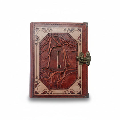 Genuine Sheepskin Leather Journal, Blank Chamois Paper | Wrinkled Classic Frame | Antique Metal Motif | Vintage Skeleton Key