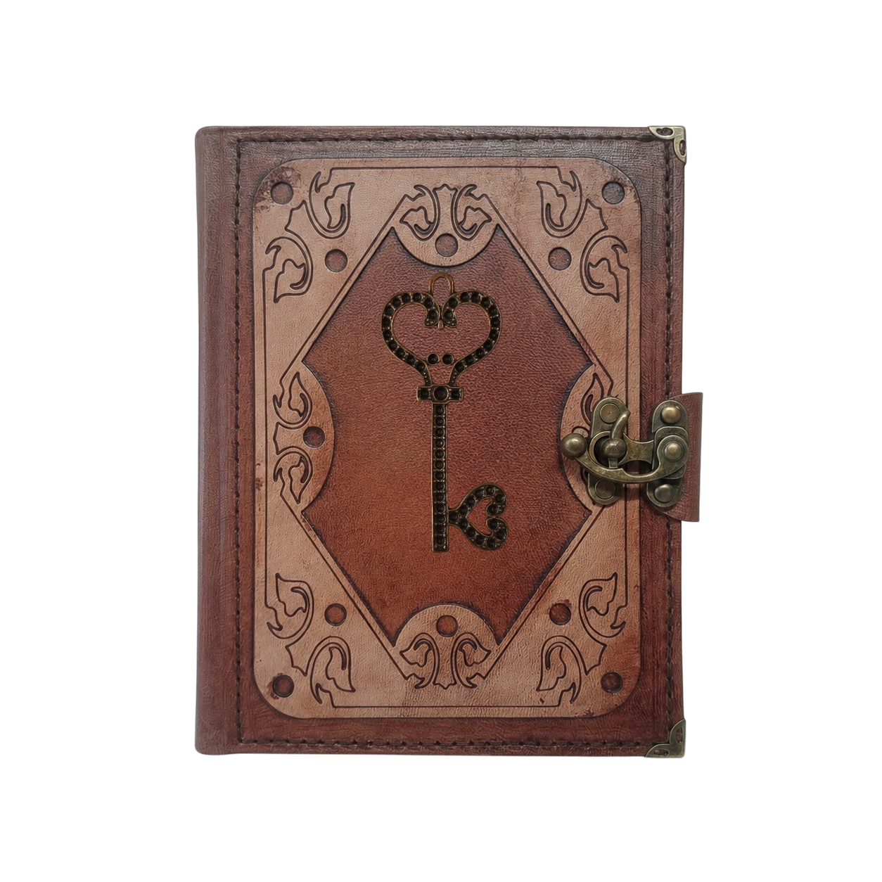 Genuine Sheepskin Leather Journal, Blank Chamois Paper | Layered Frame | Antique Metal Motif | Heart Skeleton Key