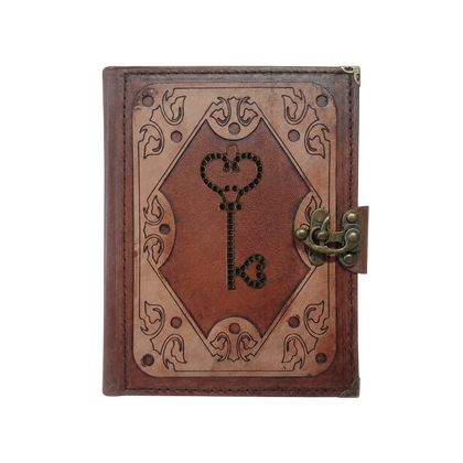 Genuine Sheepskin Leather Journal, Blank Chamois Paper | Layered Frame | Antique Metal Motif | Heart Skeleton Key