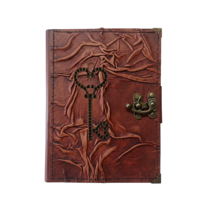 Genuine Sheepskin Leather Journal, Blank Chamois Paper | Full Wrinkled | Antique Metal Motif | Heart Skeleton Key
