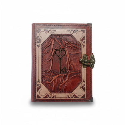 Genuine Sheepskin Leather Journal, Blank Chamois Paper | Wrinkled Classic Frame | Antique Metal Motif | Heart Skeleton Key