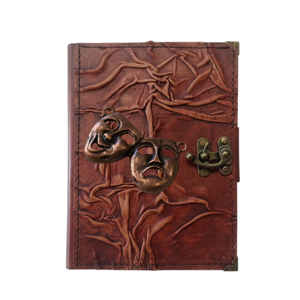 Genuine Sheepskin Leather Journal, Blank Chamois Paper | Full Wrinkled | Antique Metal Motif | Theater Masks