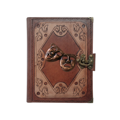 Genuine Sheepskin Leather Journal, Blank Chamois Paper | Layered Frame | Antique Metal Motif | Theater Masks