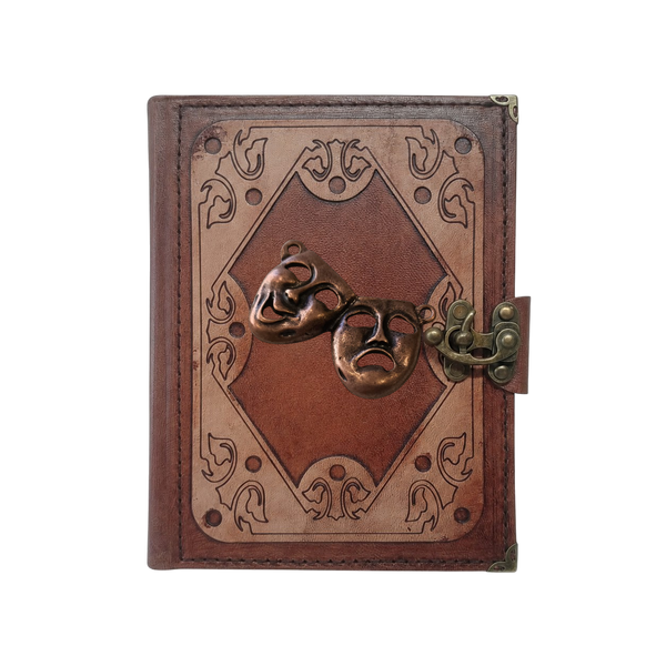 Genuine Sheepskin Leather Journal, Blank Chamois Paper | Layered Frame | Antique Metal Motif | Theater Masks