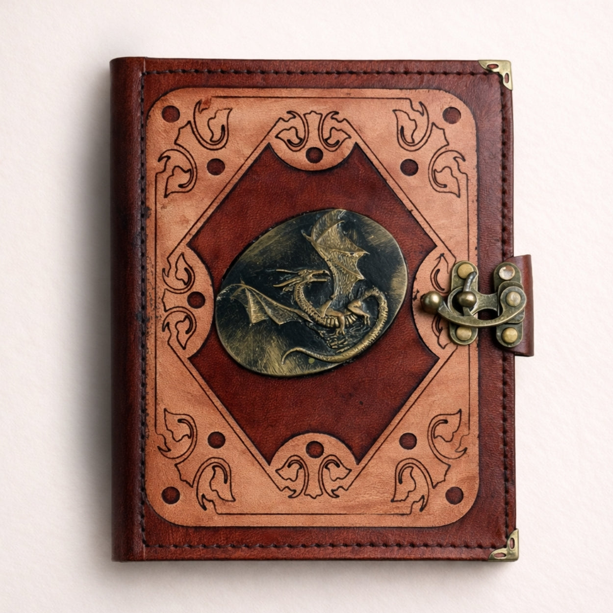 Genuine Sheepskin Leather Journal, Blank Chamois Paper | Layered Frame | Antique Resin Motif | Oval Winged Dragon