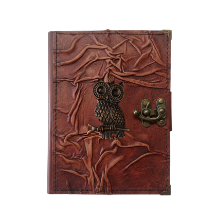 Genuine Sheepskin Leather Journal, Blank Chamois Paper | Full Wrinkled | Antique Metal Motif | Perched Owl